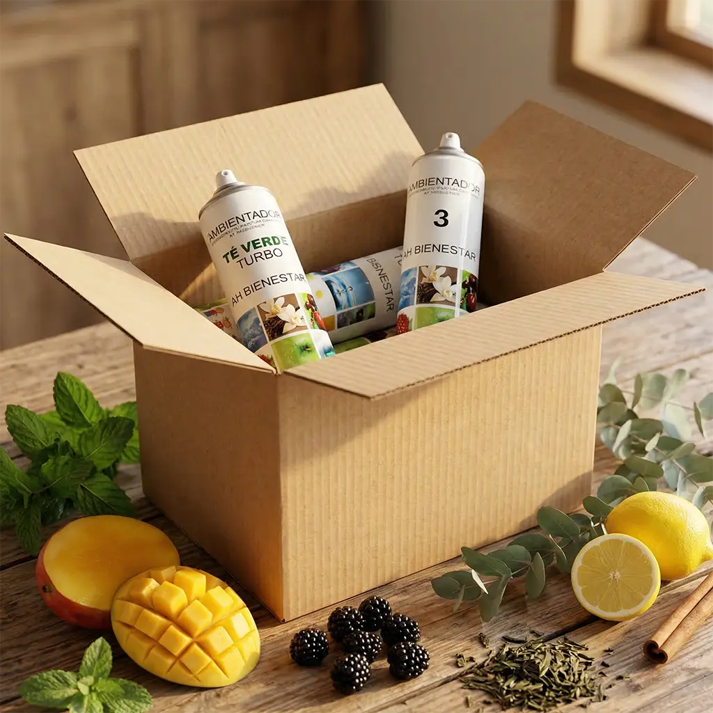 Pack Mixto multiaroma aerosol TURBO 750ml Serviaroma Shop con aromas Té Verde y Perfume 3 Miyake, rodeado de mango, moras, limón y eucalipto sobre mesa de madera rústica