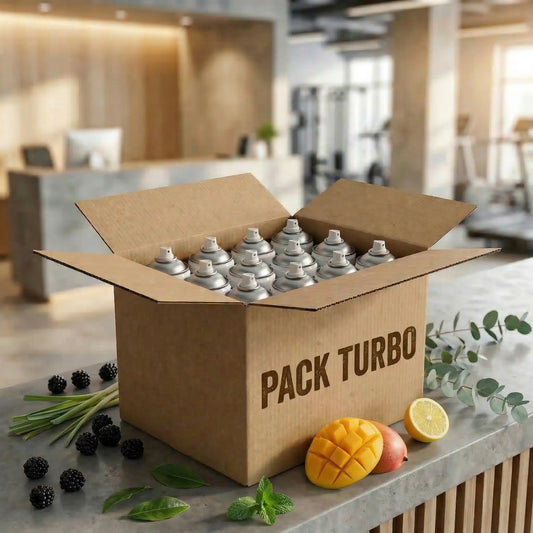Caja Pack Turbo con ambientadores aerosol profesionales 750ml Serviaroma Shop, con frutas y hierbas aromáticas en recepción de gimnasio