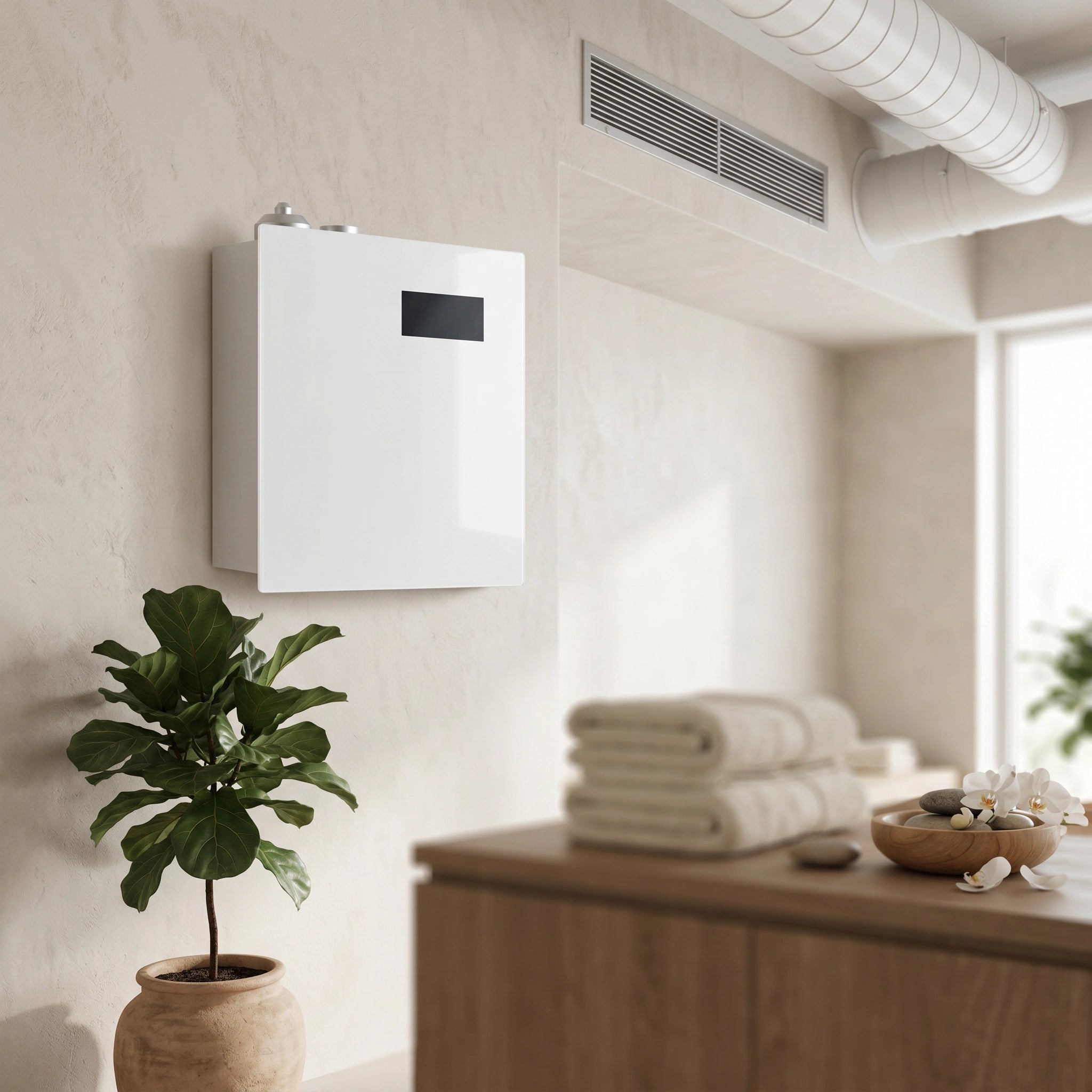 Panel nebulizador táctil blanco en pared de spa junto a conductos de aire acondicionado