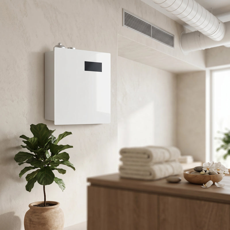Panel nebulizador táctil blanco en pared de spa junto a conductos de aire acondicionado