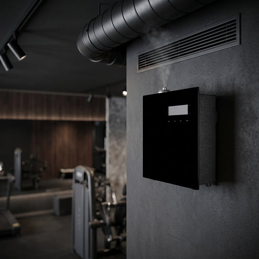 Panel nebulizador táctil negro en pared de gimnasio conectado a conductos de aire acondicionado