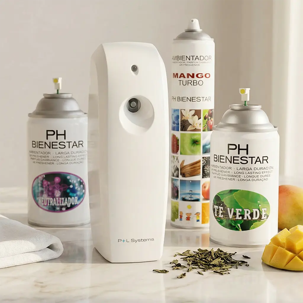 Starter Pack Serviaroma Shop con dispensador automático P+L Systems blanco y ambientadores aerosol profesionales Neutralizador, Mango Turbo y Té Verde sobre encimera de mármol